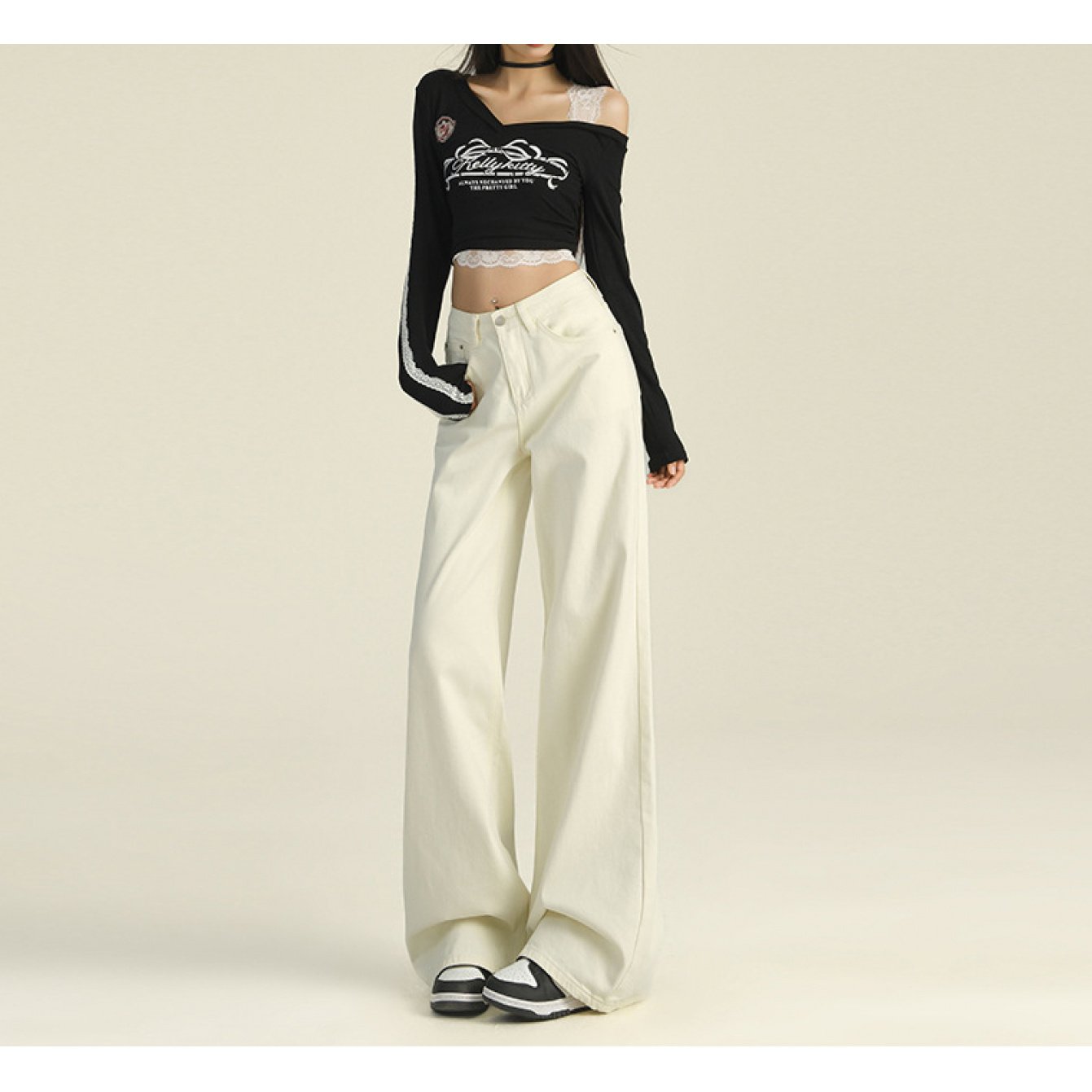 High-waisted, Lazy-Chic Floor-Length Denim Jeans | Elegant Solid Color with Slight Stretch, Straight Leg Style, Suitable for All Seasons