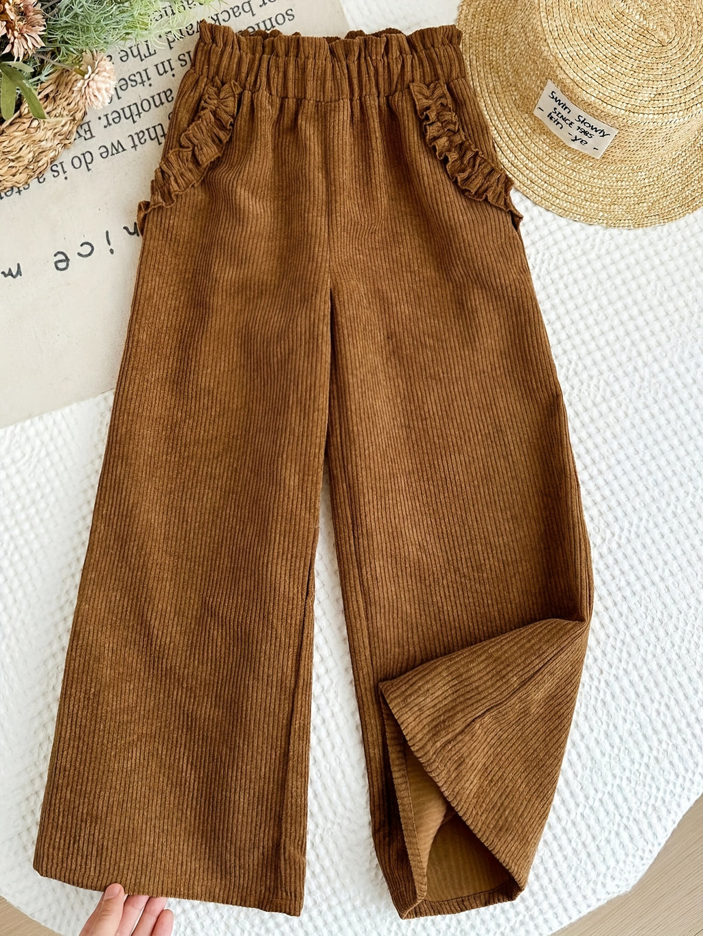 Autumn\Winter Women's Brown Corduroy Wide-Leg Pants with Cute Lace Trim, Fashionable Loose Fit Casual Trousers with Faux Pockets for Fall and Winter Outfits