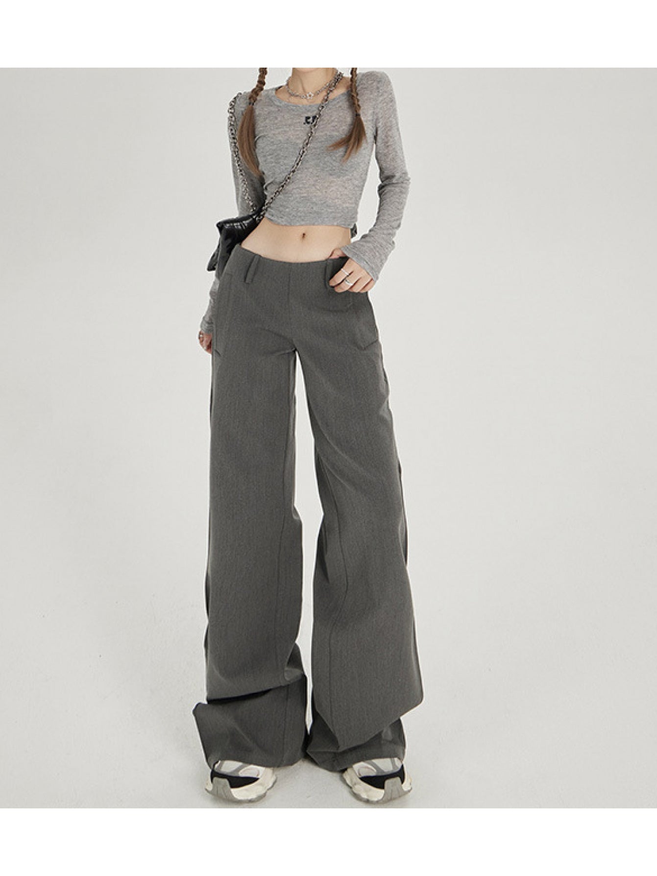 Retro Low-Rise Wide-Leg Flared Trousers | Casual Solid Color, All-Season