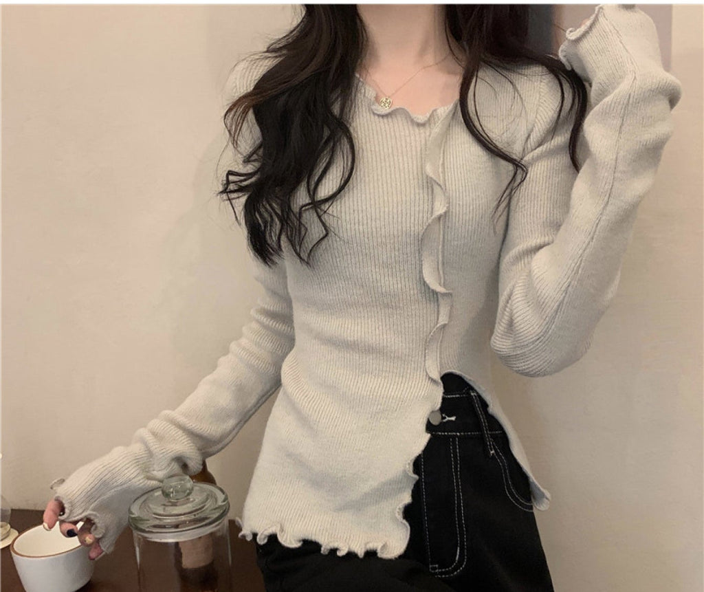 Gentle Sweet Pure Desire Ruffle Trim Top | Spring Fall Design, Long Sleeve, Solid Color, Low Collar, Slim Fit, Irregular Hot Blouse