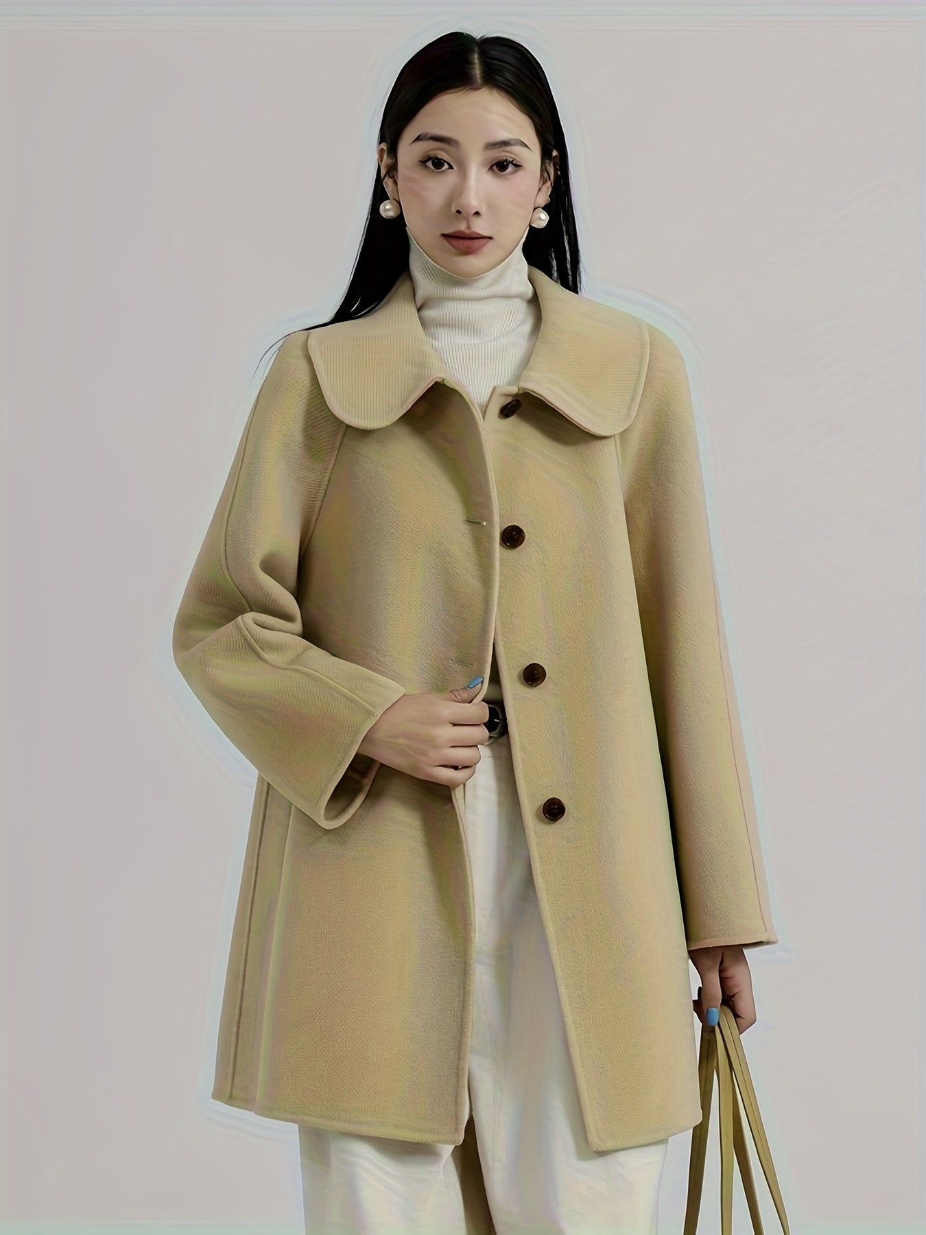 Women's Handmade 100% Wool Wool Coat - Double-Faced Winter Jacket with Single-Breasted Lapel & Pockets, H-Silhouette Peacoat Overcoat for Fall\Winter
