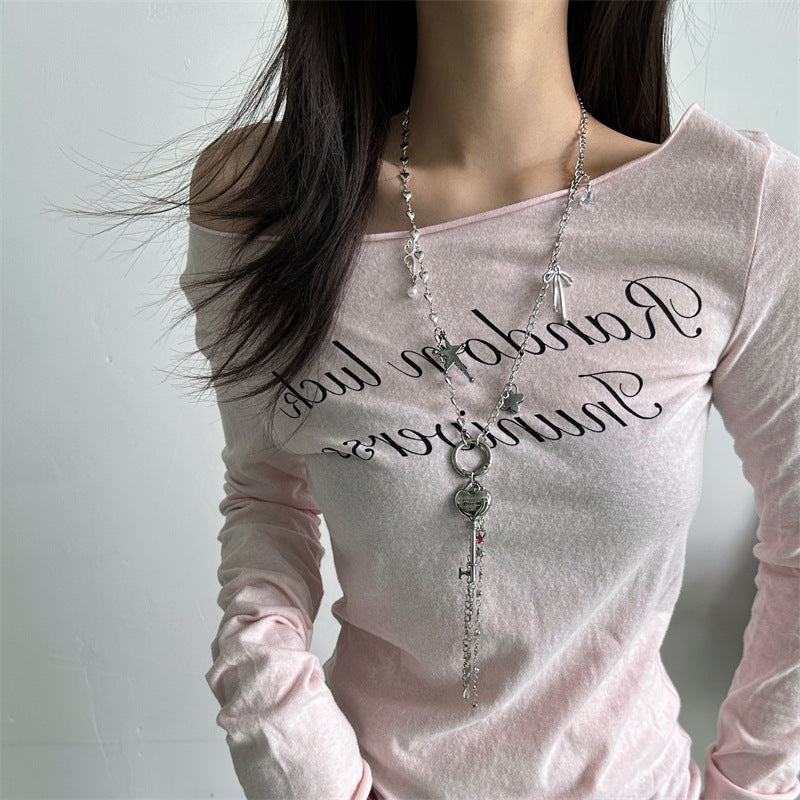 Sweet Cool Style Heart Tassel Necklace High-End Bow Pendant Design Sweater Chain Choker